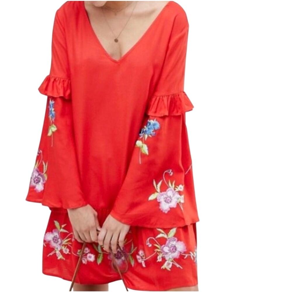 ASOS Red Floral Embroidered Mini Dress Women's 12 Boho Ruffled Long Sleeve NEW
